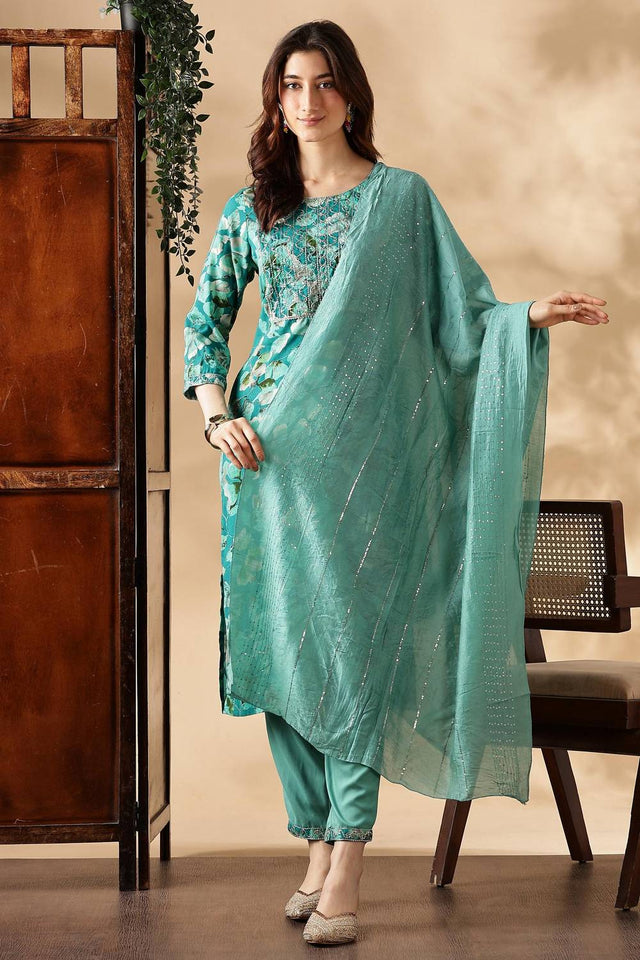 Rama Green Floral Printed Silk Kurti Pant Set