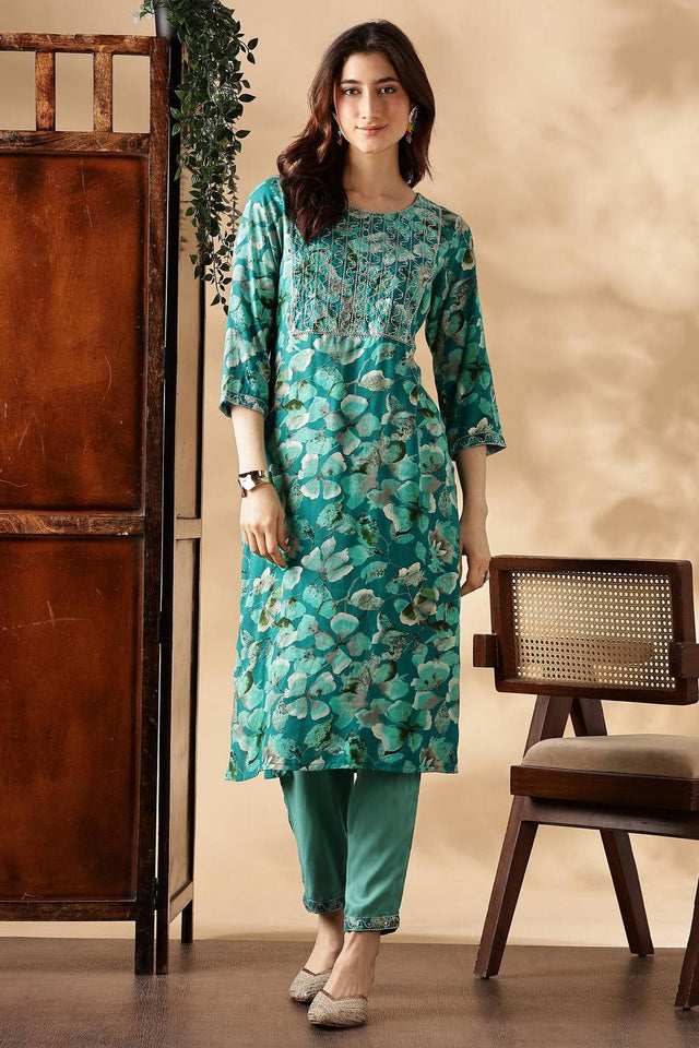 Rama Green Floral Printed Silk Kurti Pant Set