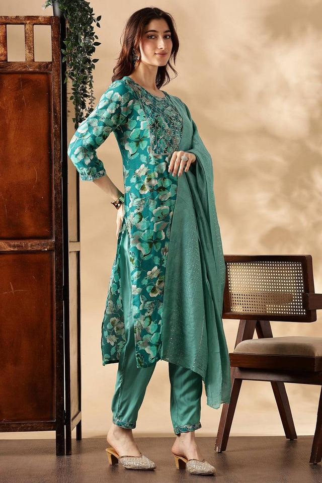 Rama Green Floral Printed Silk Kurti Pant Set