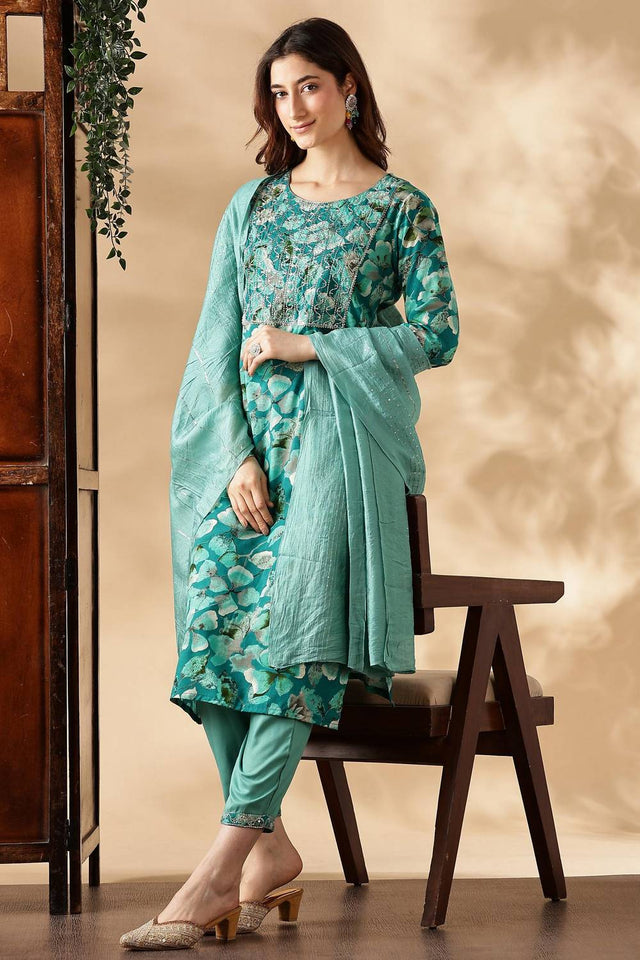 Rama Green Floral Printed Silk Kurti Pant Set