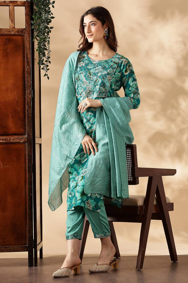 Rama Green Floral Printed Silk Kurti Pant Set