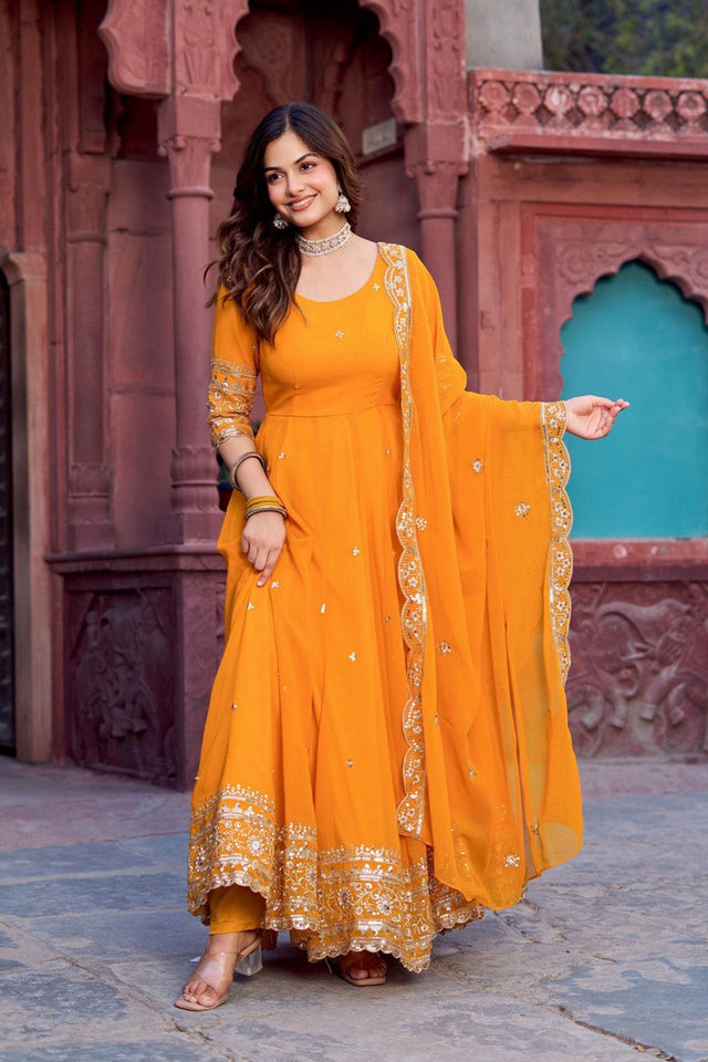 Mustard Sequin with Floral Embroidered Georgette Anarkali Suit (Sp-23-Mustard)