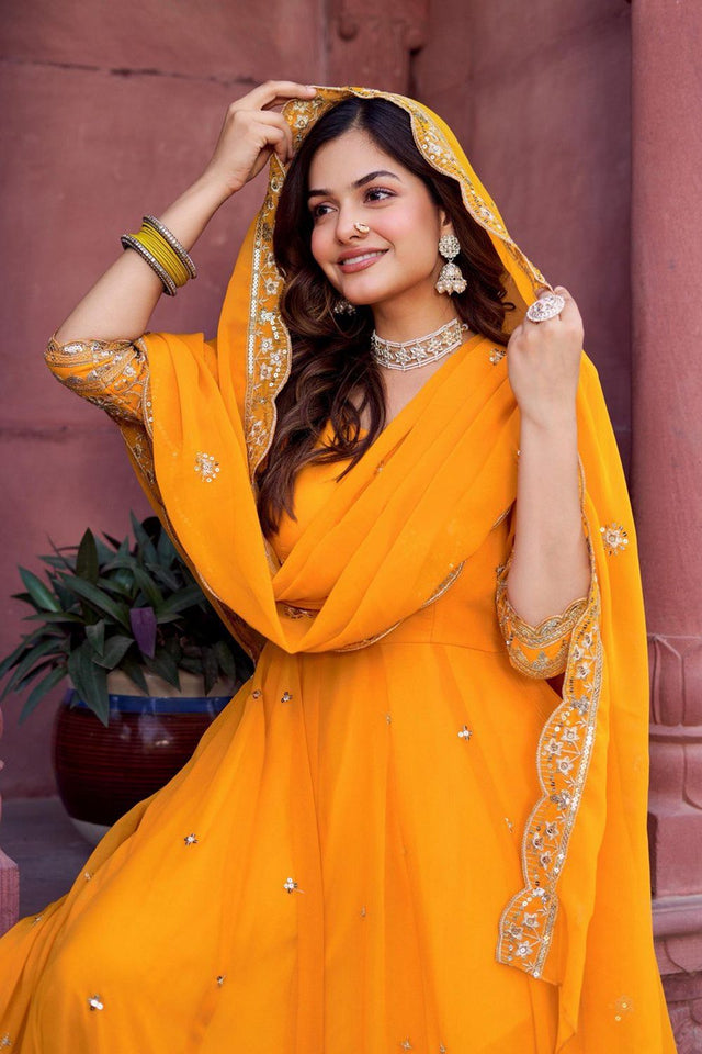 Mustard Sequin with Floral Embroidered Georgette Anarkali Suit (Sp-23-Mustard)