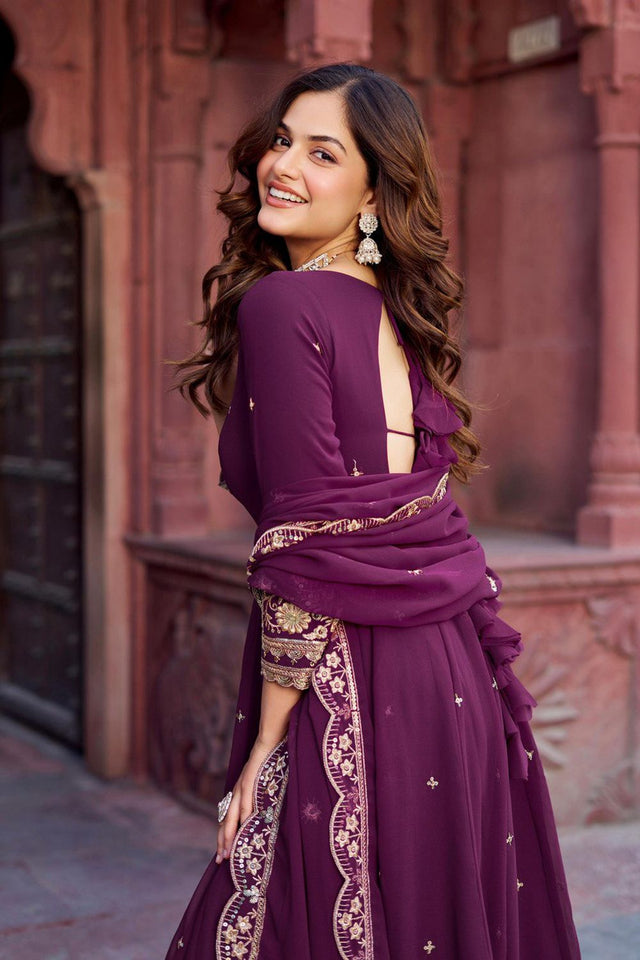 Wine Sequin with Floral Embroidered Georgette Anarkali Suit (Sp-23-Wine)