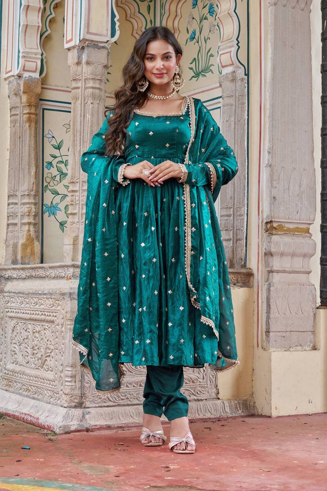 Green Embroidered Silk Anarkali Suit (Sp-69-Emerald Green)