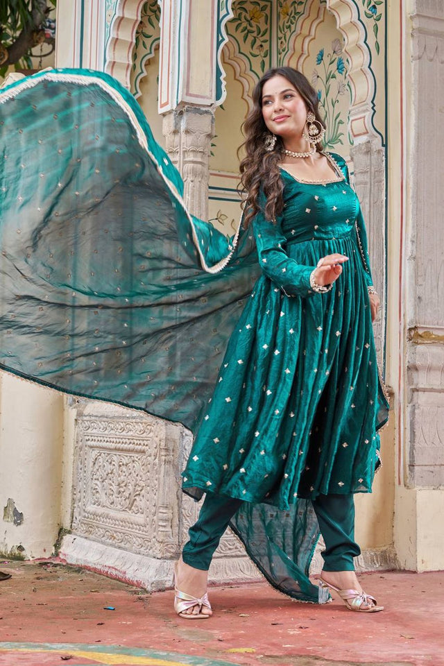 Green Embroidered Silk Anarkali Suit (Sp-69-Emerald Green)