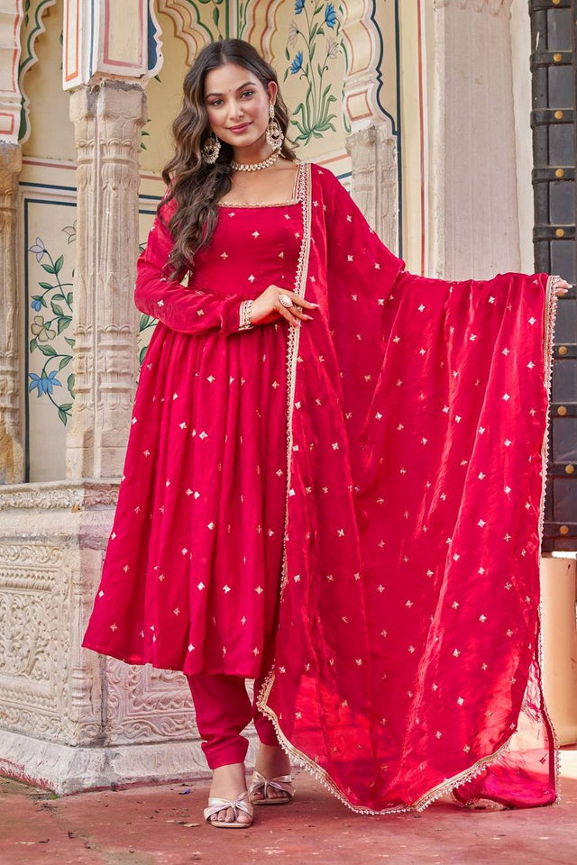 Dark Pink Embroidered Silk Anarkali Suit (Sp-69-Hot Pink)