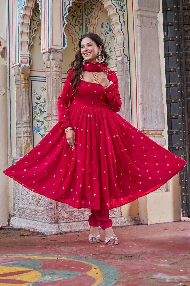 Dark Pink Embroidered Silk Anarkali Suit (Sp-69-Hot Pink)