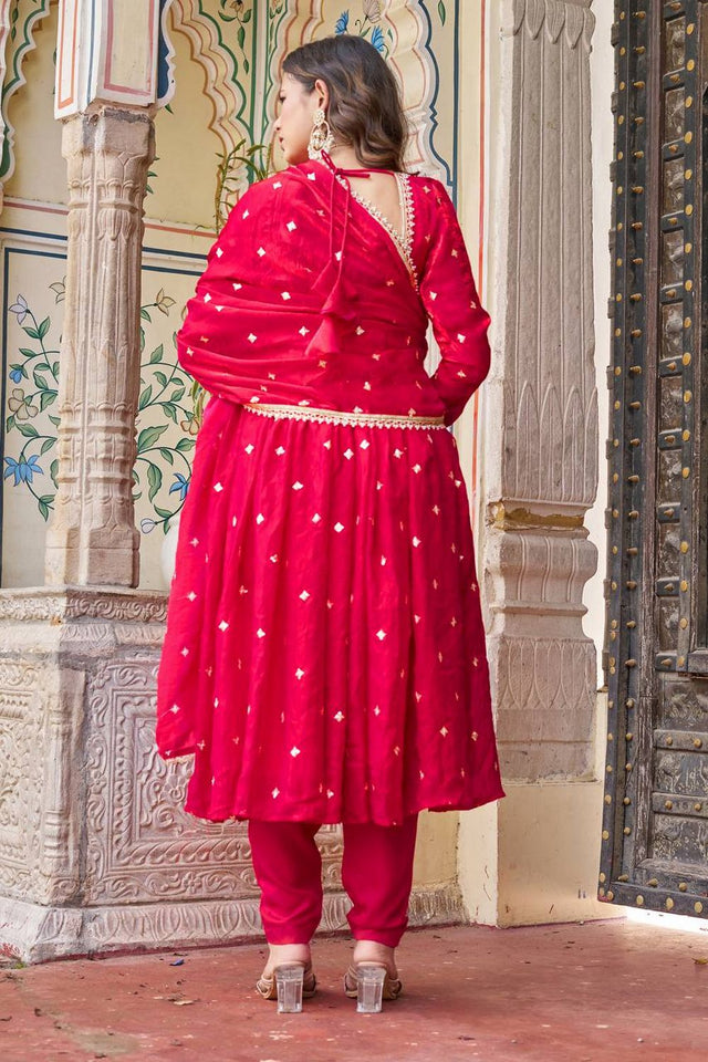 Dark Pink Embroidered Silk Anarkali Suit (Sp-69-Hot Pink)