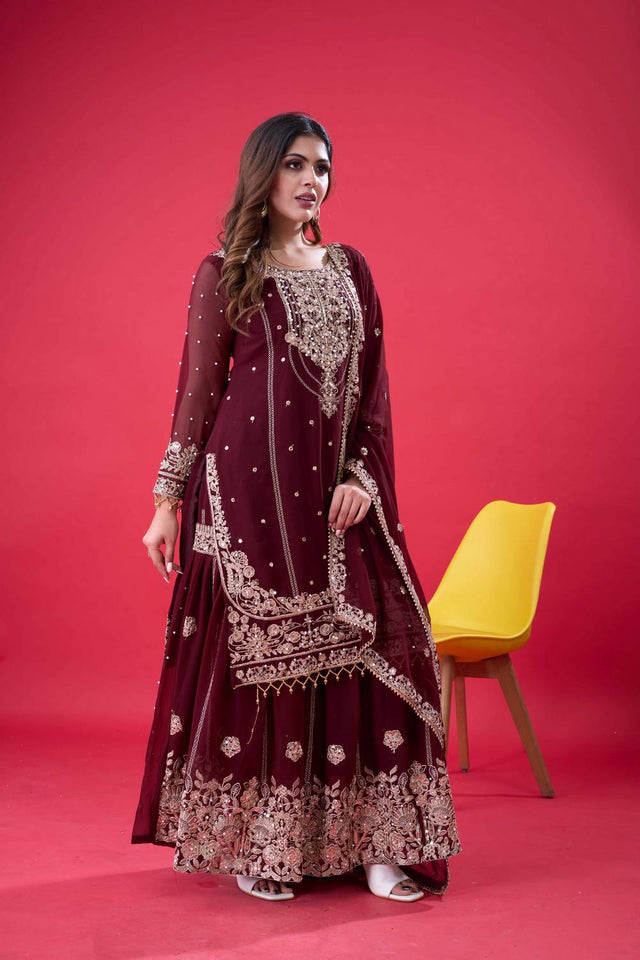Brown Sequin with Embroidered Georgette Palazzo Suits