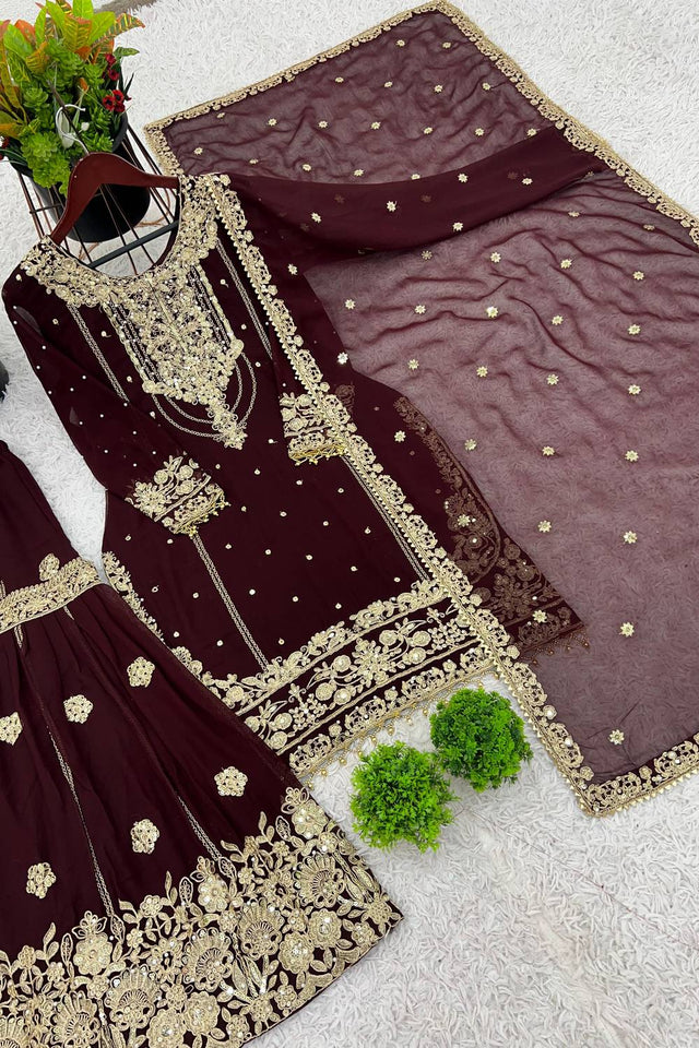 Brown Sequin with Embroidered Georgette Palazzo Suits