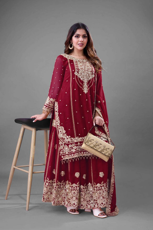 Maroon Sequin with Embroidered Georgette Palazzo Suits