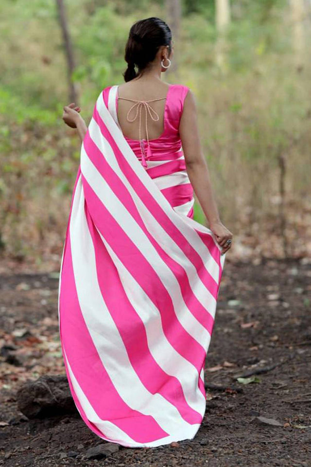 Pink Printed Satin Saree