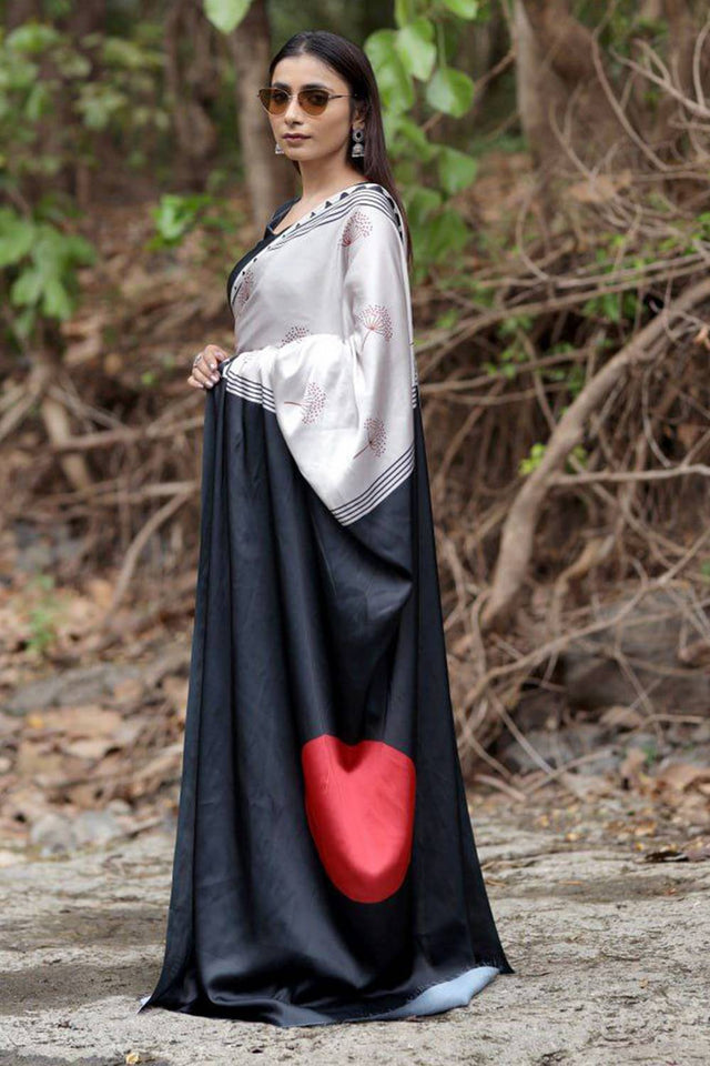 Silver Printed Satin Saree