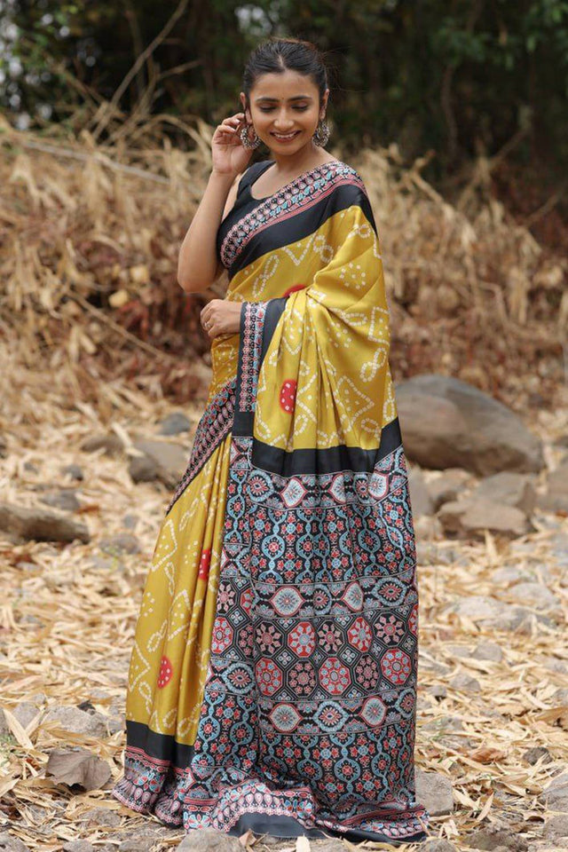 Mustard Bandhani Printed Satin Saree