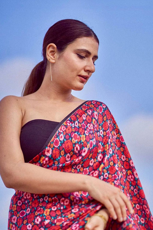 Black Printed Satin Saree (Sudha-104)
