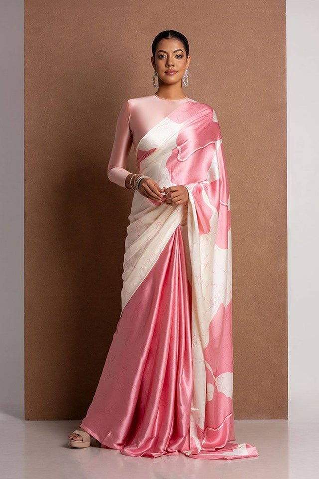 Light Pink Floral Printed Satin Saree