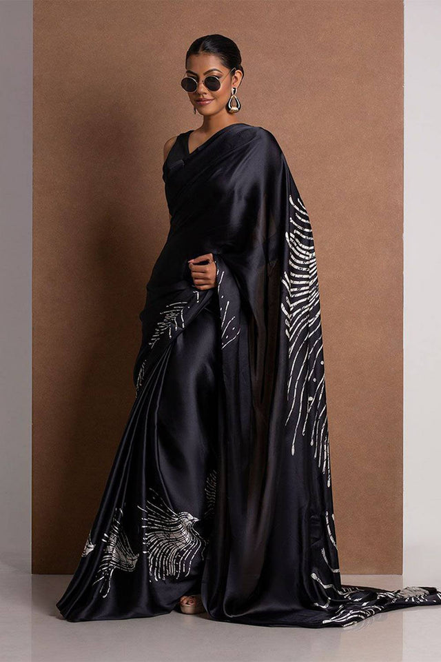 Black Printed Satin Saree