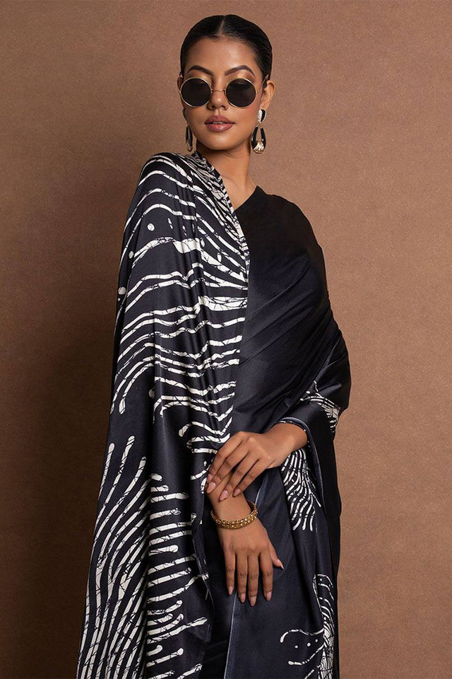 Black Printed Satin Saree