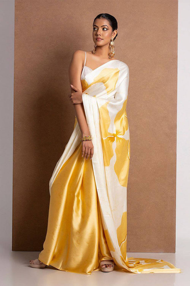 Yellow Floral Printed Satin Saree