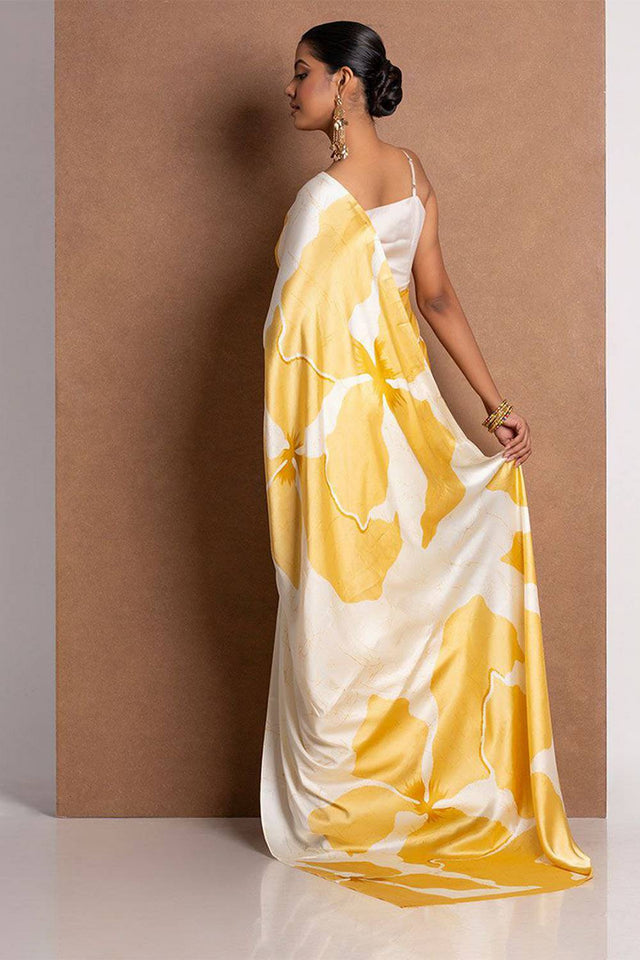 Yellow Floral Printed Satin Saree