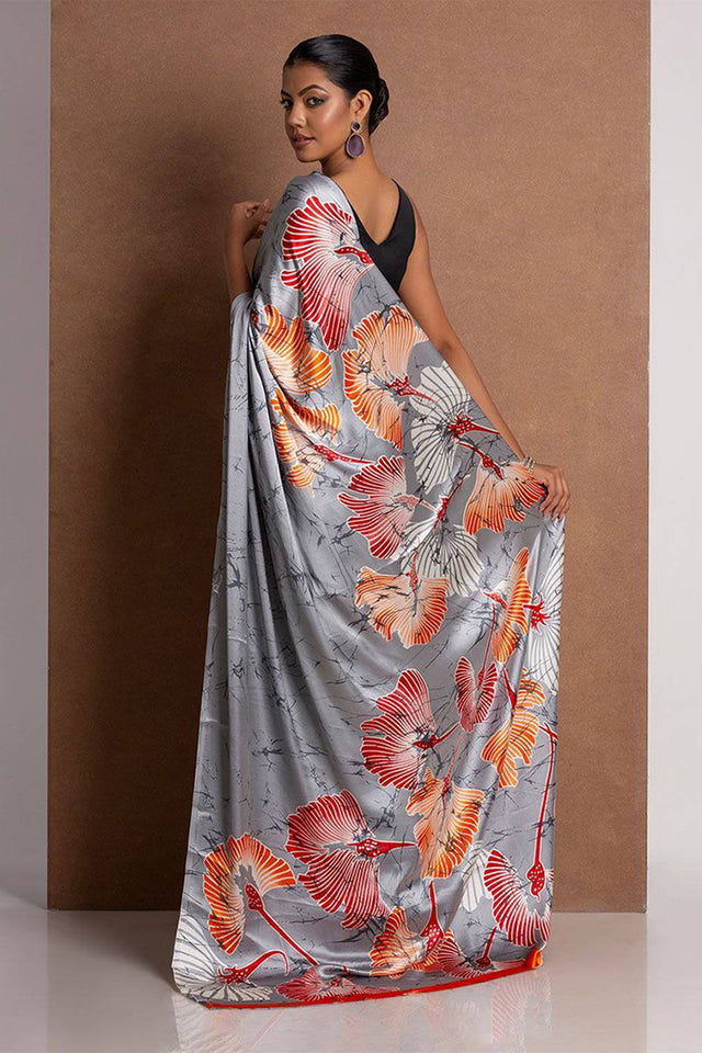 Grey Floral Printed Satin Saree
