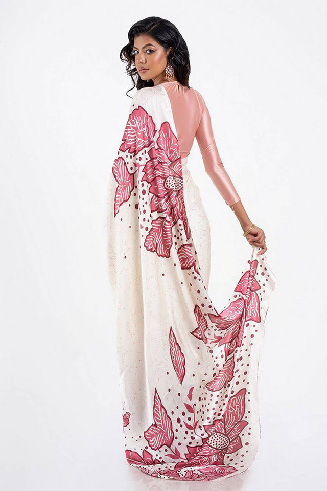 White Floral Printed Satin Saree