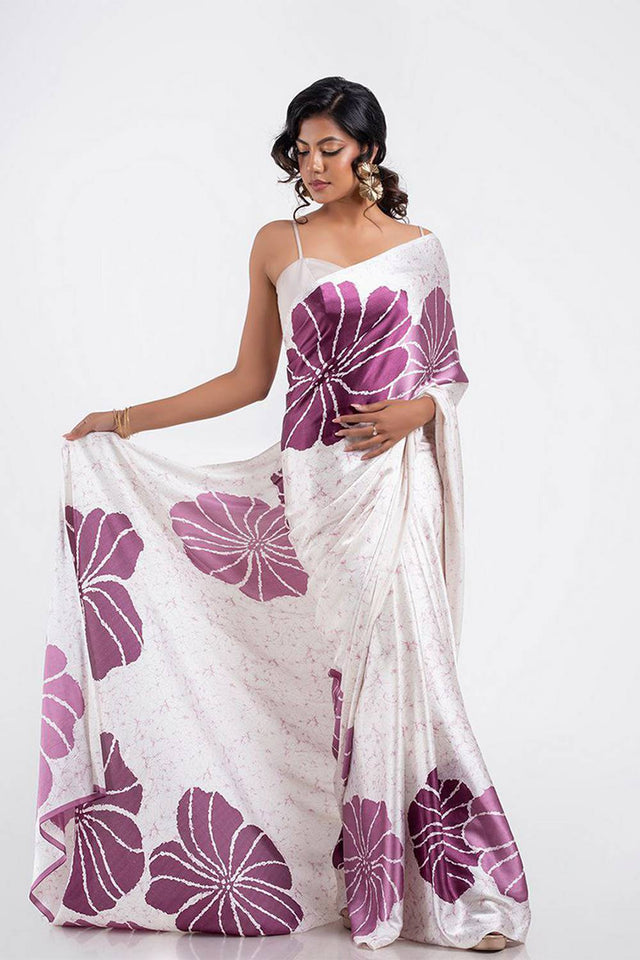 White Floral Printed Satin Saree