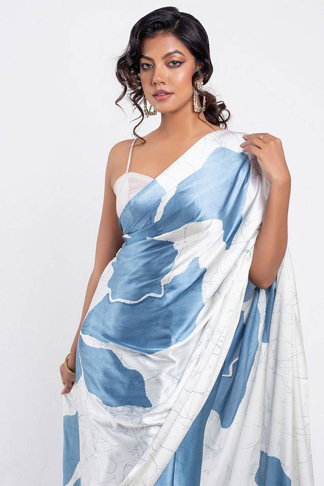 Light Blue Floral Printed Satin Saree