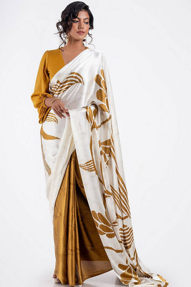 Mustard Floral Printed Satin Saree (Sudha-113)