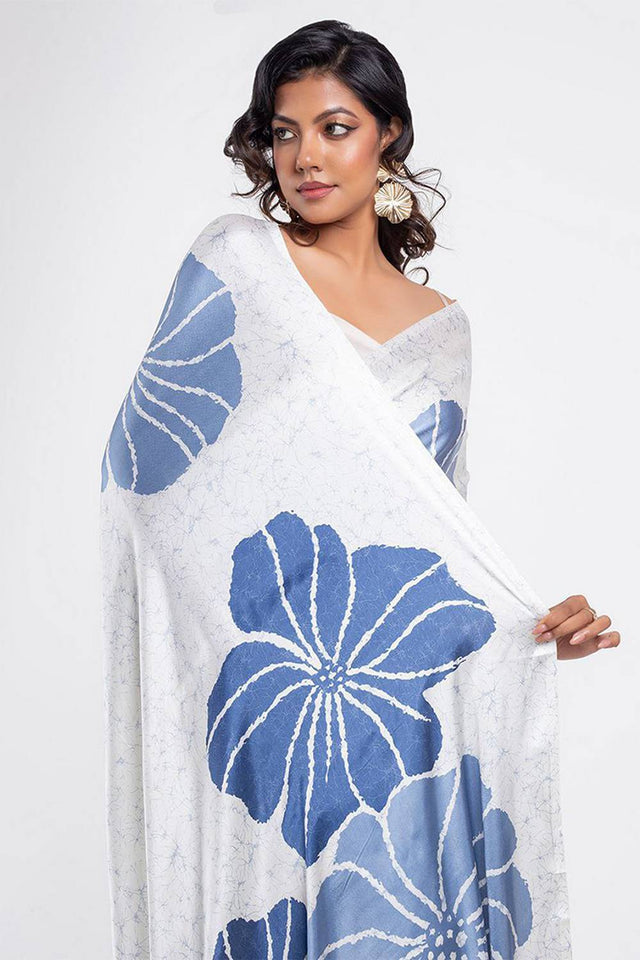 White Floral Printed Satin Saree