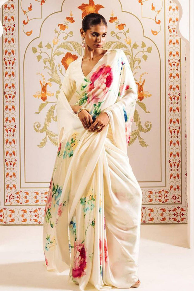 Black Floral Printed Satin Saree