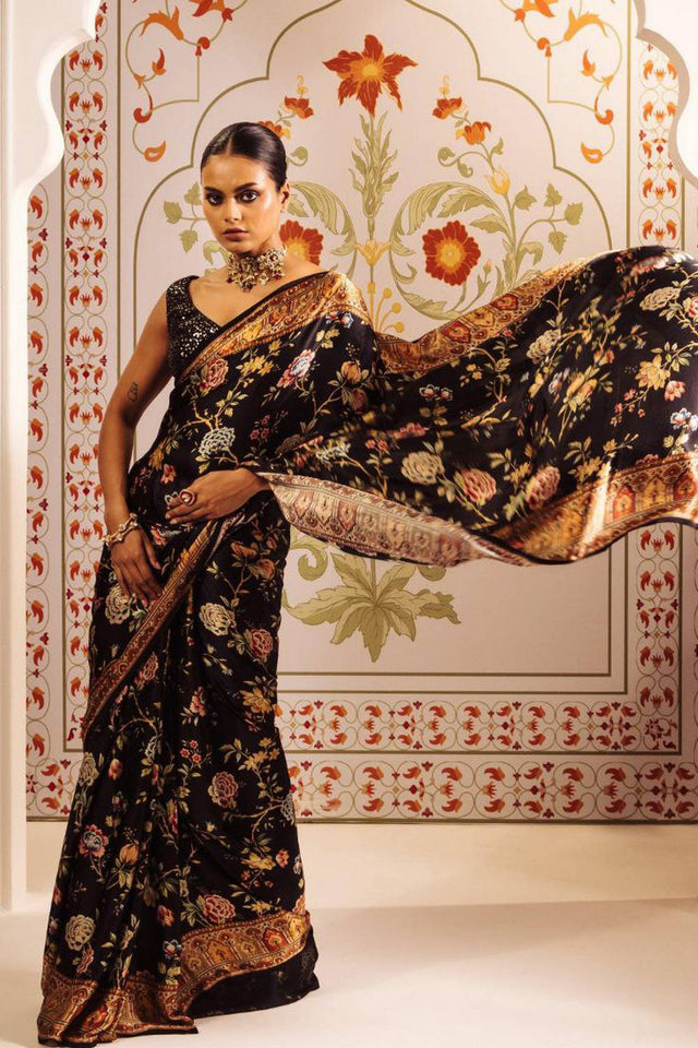 Black Floral Printed Satin Saree