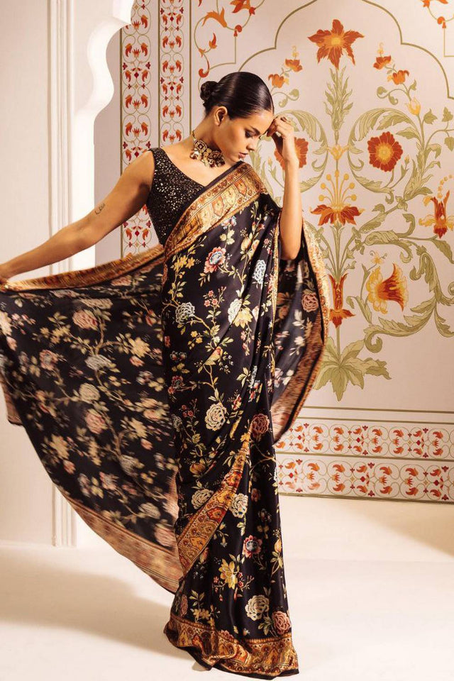 Black Floral Printed Satin Saree