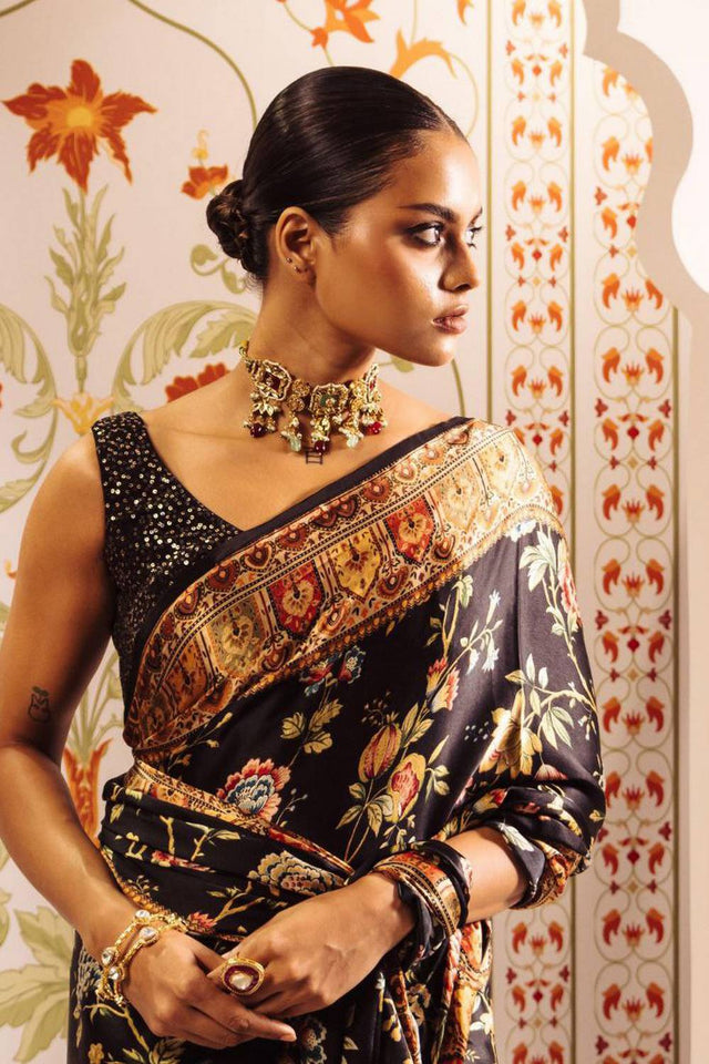 Black Floral Printed Satin Saree