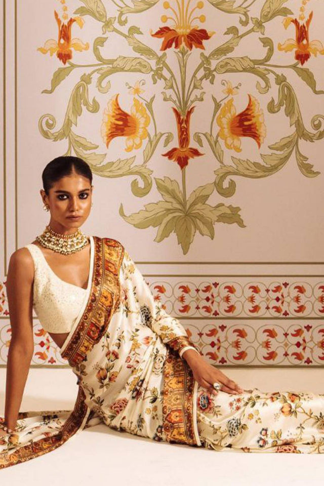 Cream Floral Printed Satin Saree