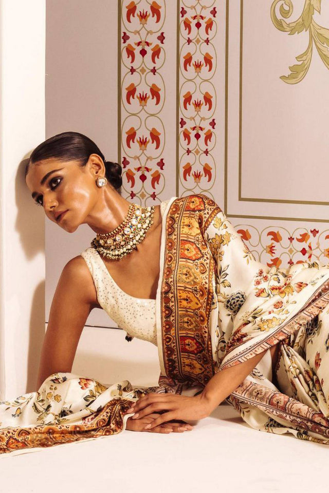 Cream Floral Printed Satin Saree