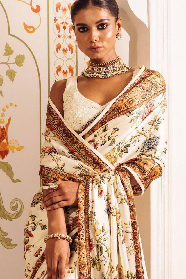 Cream Floral Printed Satin Saree