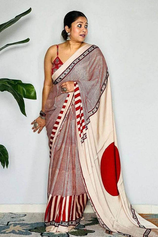 Red Printed Satin Saree
