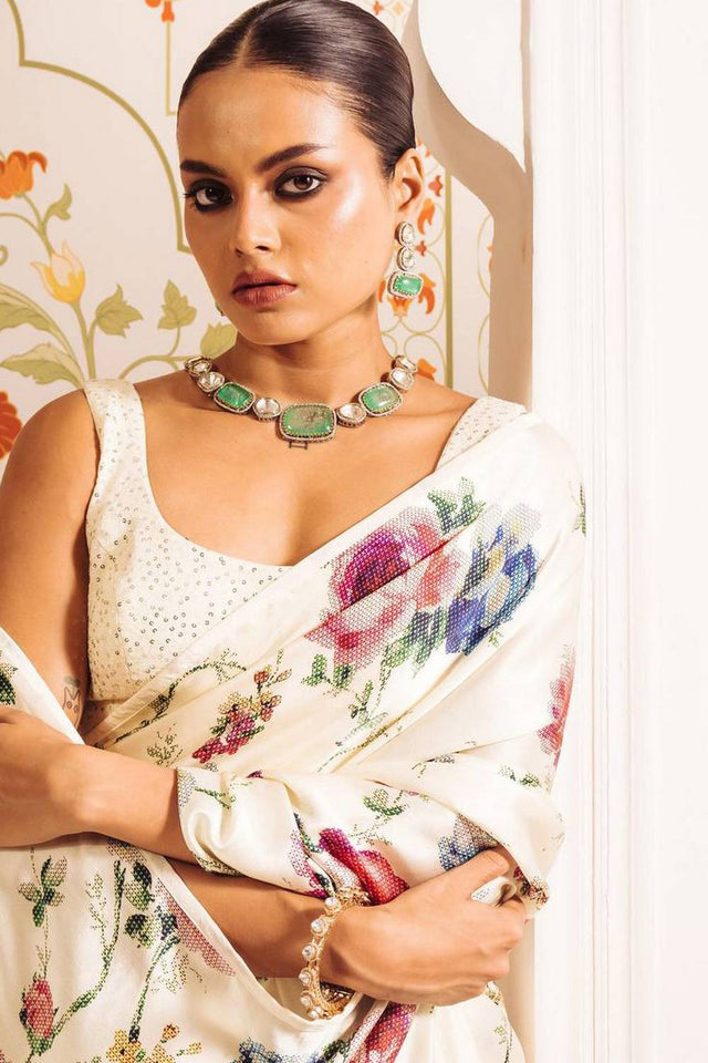 Cream Floral Printed Satin Saree