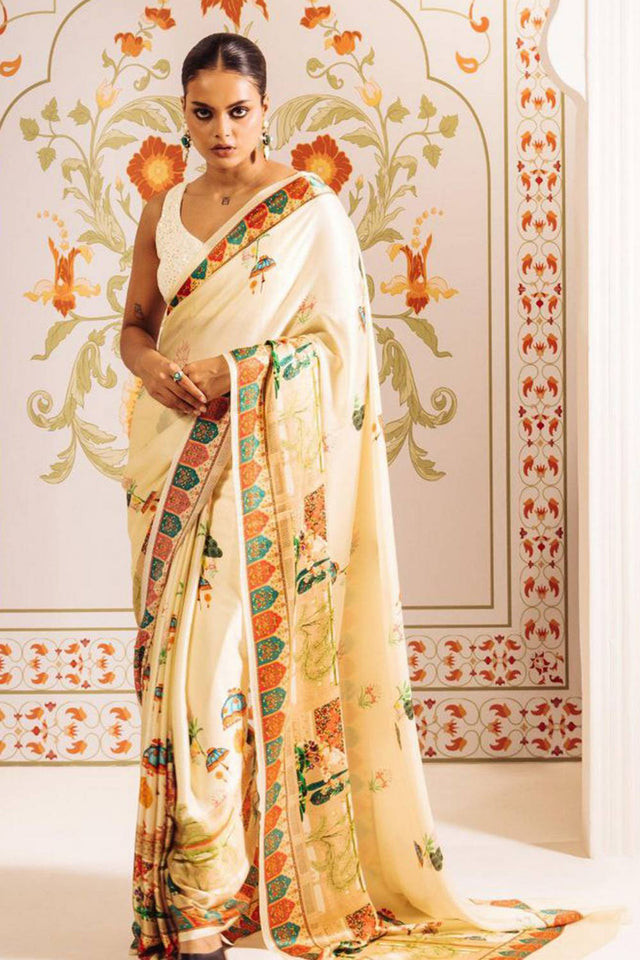 Cream Printed Satin Saree