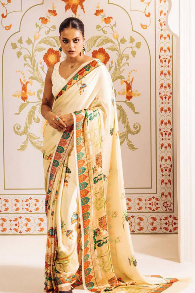 Cream Printed Satin Saree