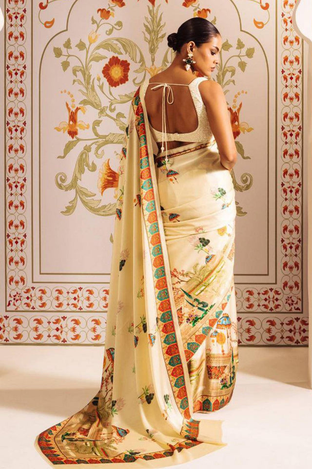 Cream Printed Satin Saree