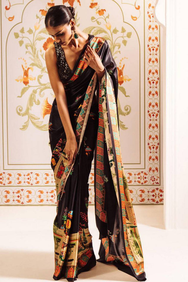 Black Printed Satin Saree