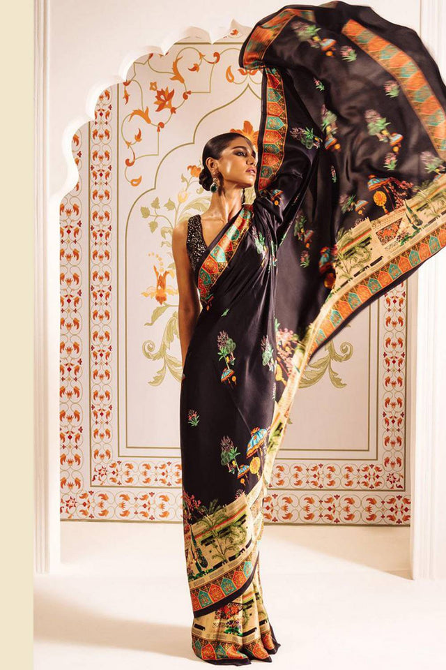 Black Printed Satin Saree
