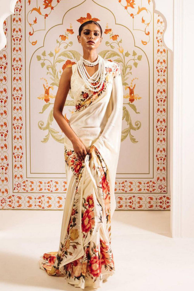 Cream Floral Printed Satin Saree