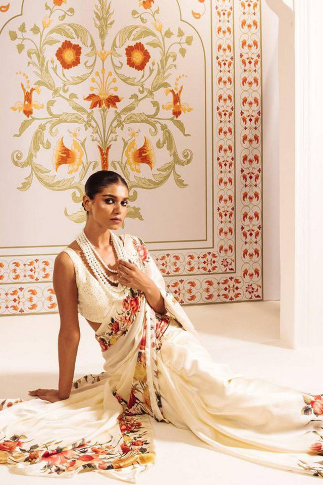 Cream Floral Printed Satin Saree