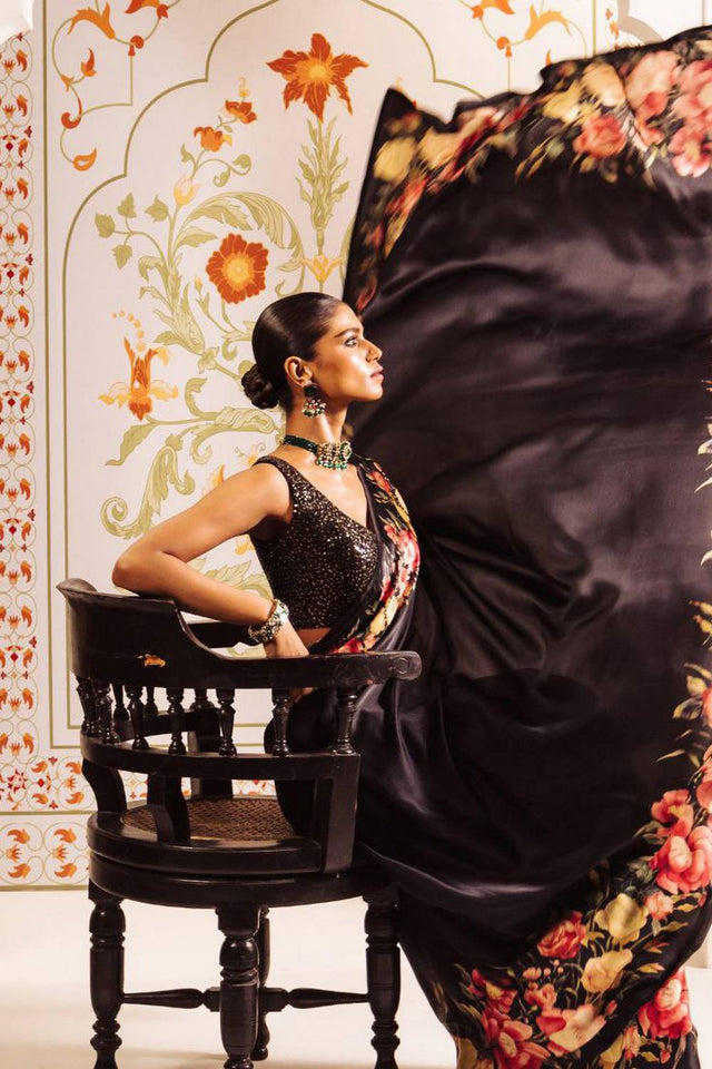 Black Floral Printed Satin Saree