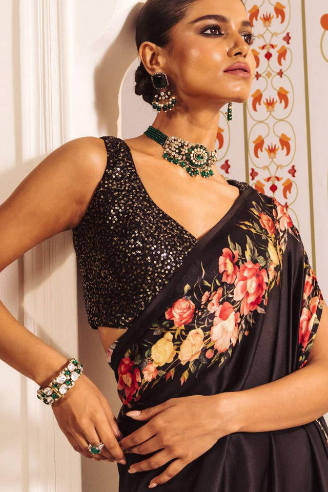 Black Floral Printed Satin Saree