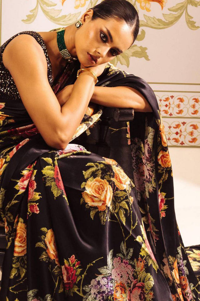Black Floral Printed Satin Saree